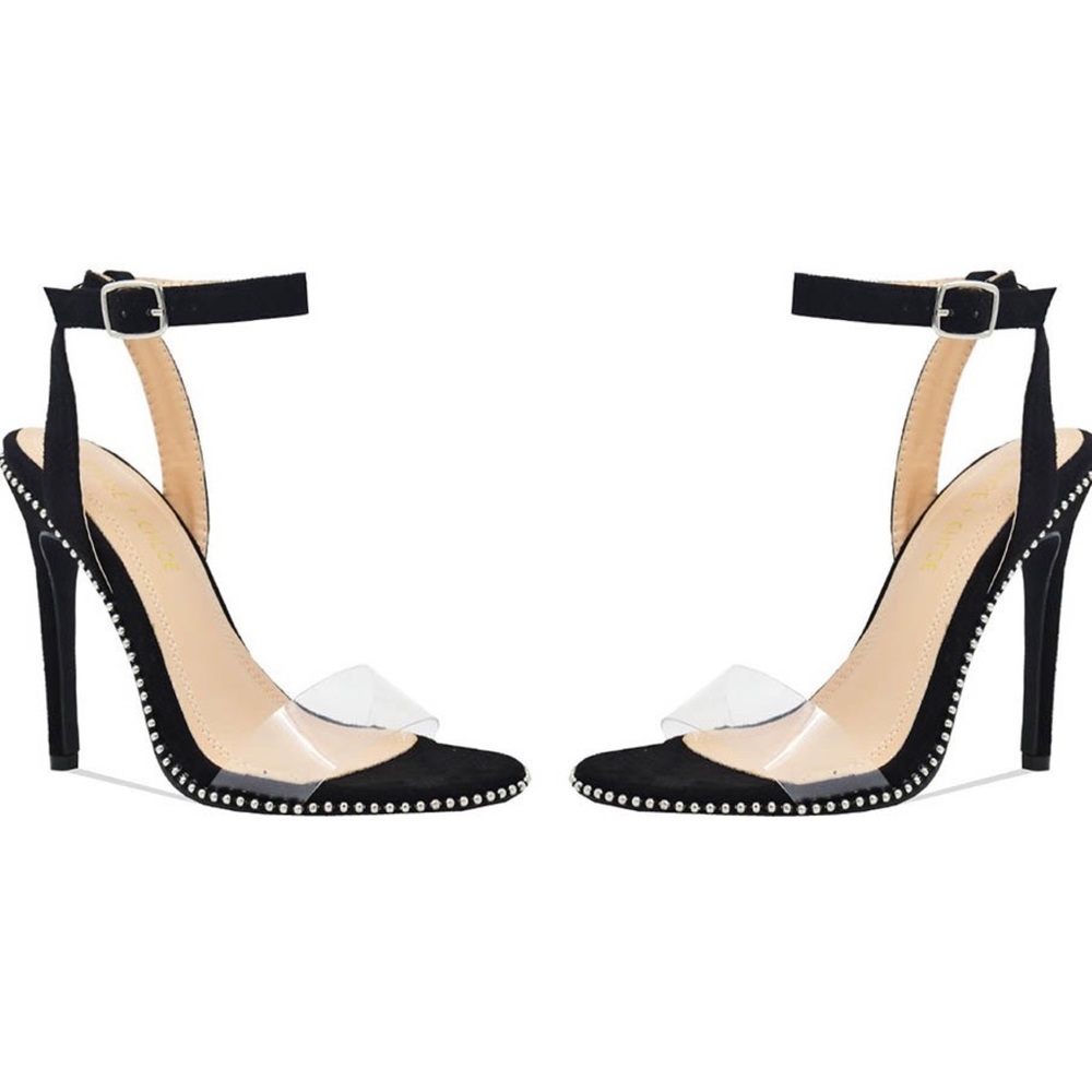Clear and black studded heeled sandal